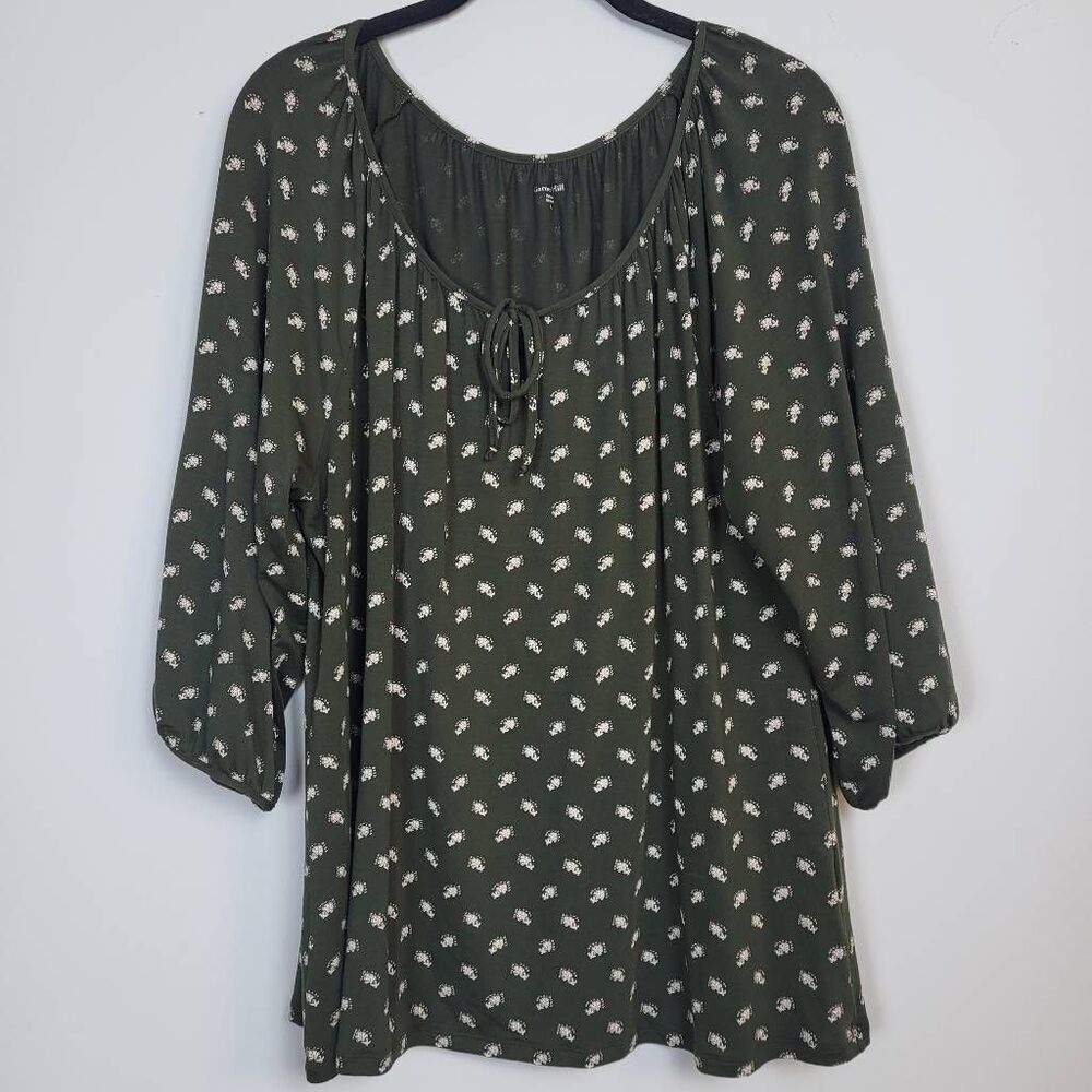 Garnet Hill Womens Size Large Blouse Green Floral Peasant Slouchy Jersey Knit